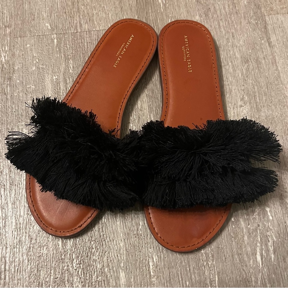 American Eagle Outfitters Tassel Strap Slides Black Size 8 Good Condition